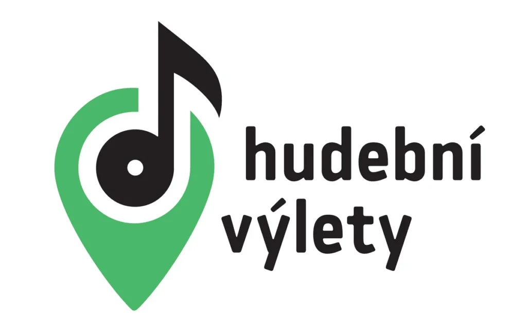 Logo projektu Hudební výlety s hudební notou zasazenou do zelené mapové značky a nápisem hudební výlety.