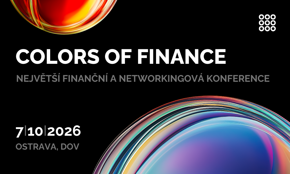 Grafická pozvánka na konferenci Colors of Finance 2026 v Ostravě s datem 7. října 2026 a barevnými světelnými liniemi na tmavém pozadí.