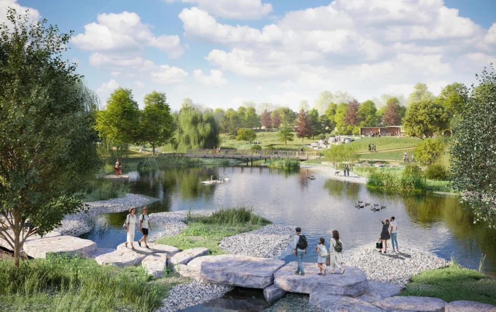 Visualisation of a flood protection park on the Svratka River in Brno with water areas, greenery, walking paths, a footbridge and people spending time by the water.