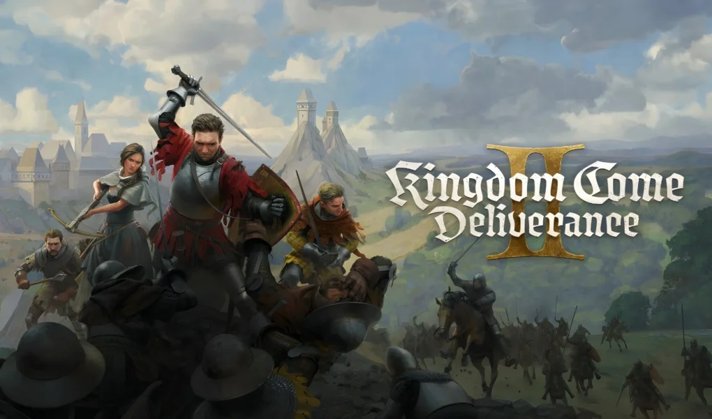 Illustration for Kingdom Come: Deliverance II showing medieval warriors in battle, a historic landscape and the game logo.